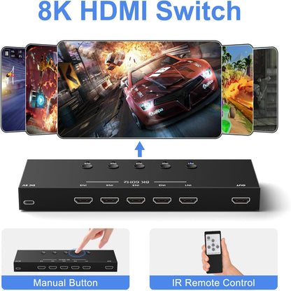 Y.D.F 8K@60Hz HDMI Switcher 5 in 1 Out Aluminum Support 4K@120Hz HDR10+ HDCP 2.3 CEC HDMI 2.1 Switch Splitter Compatible with PS5/4 Xbox X/S Nintendo Switch/OLED Roku Apple TV Fire Stick UHD TV