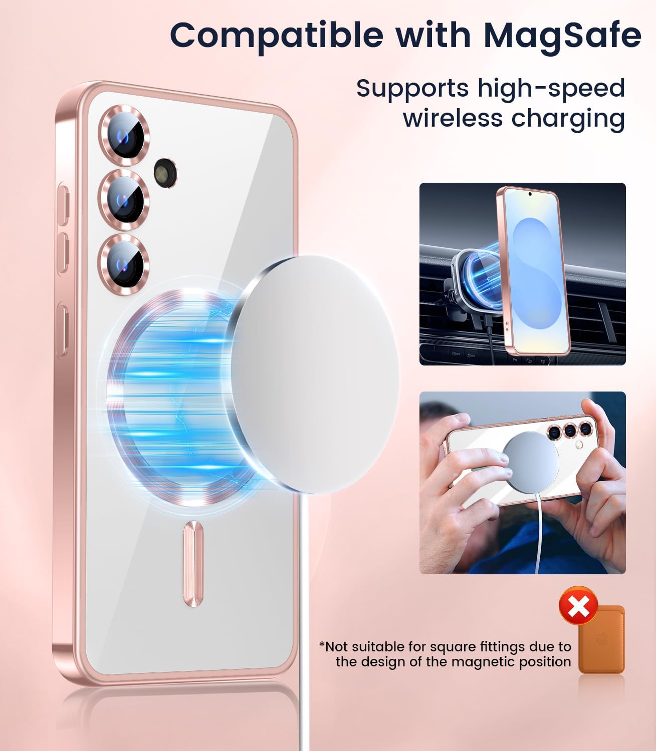 Slim Thin for Samsung Galaxy S25 Plus Case, Compatible with MagSafe, Built-in Camera Lens Protector, Shockproof Protective Phone Case, Soft Electroplated Clear Cover, Rose Gold