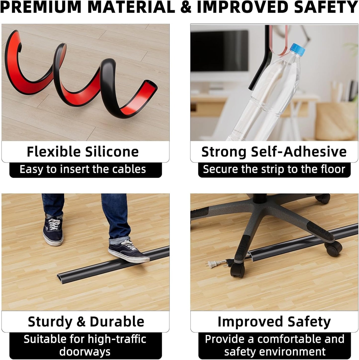 6ft Floor Cord Cover, Silicone Wire Hider, Hide Extension Cords, Protect Cords, Prevent Cable Trips, Heavy-Duty Adhesive-Backed Anti-Trip Cable Protector for Floor, Desk & Wall