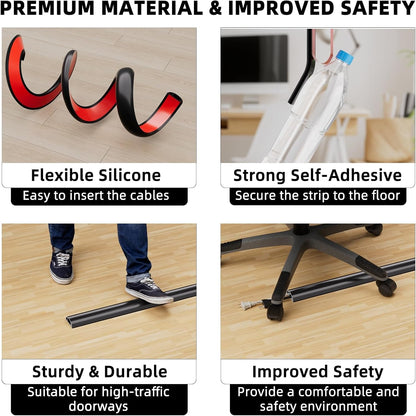 6ft Floor Cord Cover, Silicone Wire Hider, Hide Extension Cords, Protect Cords, Prevent Cable Trips, Heavy-Duty Adhesive-Backed Anti-Trip Cable Protector for Floor, Desk & Wall