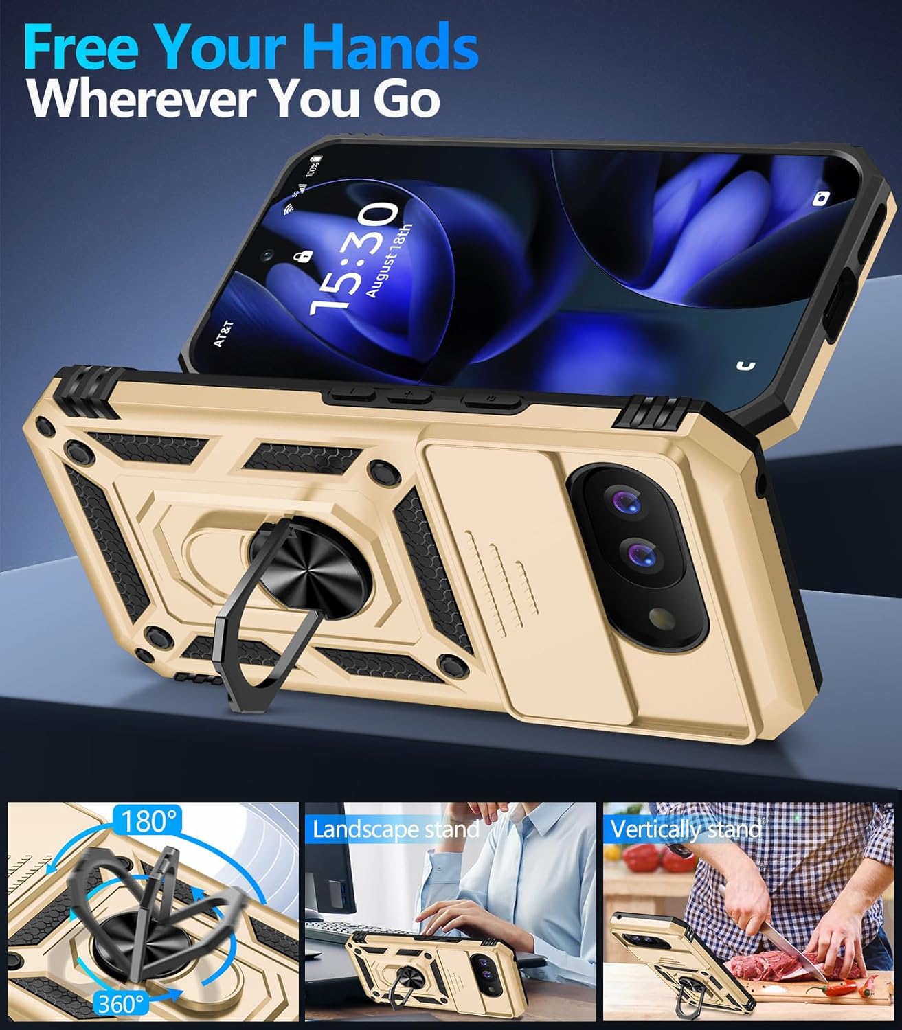 Taisairu for Google Pixel 9A Case with Screen Protector & Slide Camera Lens Cover, Built-in 360°Rotate Magnetic Ring Stand Shockproof Protective Phone Case for Google Pixel 9A Case (Gold)