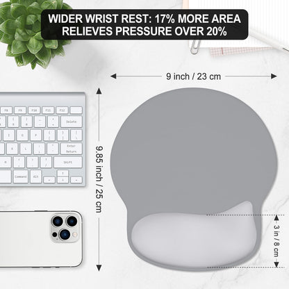 ITNRSIIET Ergonomic Mouse Pad with Wider Memory Foam Wrist Rest +17%, Curved Cushion Reduces Pressure 20%, Pain Relief, Non-Slip, Smooth, Cute Color Desk Accessory, 9.85 x 9 inch, Light Gray Accent