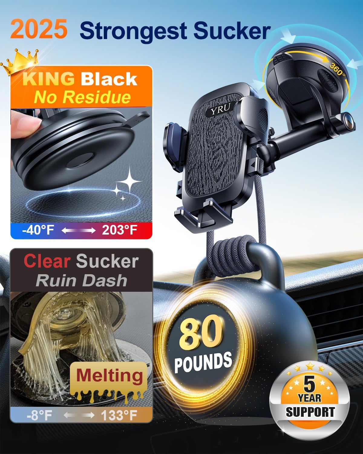 【2025 Military-Grade】Phone Holders for Your Car【Upgraded 90+LBS Strongest Suction & Clip】Cell Phone Mount Dashboard Windshield Vent Truck Automobile Cradle for iPhone 16 Pro Max 15 14 13 Android,Black