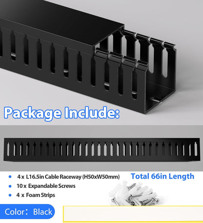 ZhiYo 66in(4X L16.5in) Professional Server Rack Cable Management Raceway, H2in x W2in Cable Raceway Kit, Electrically Safe PVC Open Slot Wire Raceway for Under Desk/Computer/Network Cords, Black