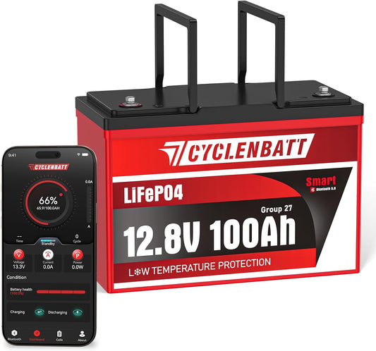 12V 100Ah Bluetooth LiFePO4 Battery, Low-Temp Protection 12V Lithium Battery Built in 100A BMS, Group 27 Lithium Batteries 12V Great for Marine, Trolling Motor, RV, Solar, Off Grid, Camping