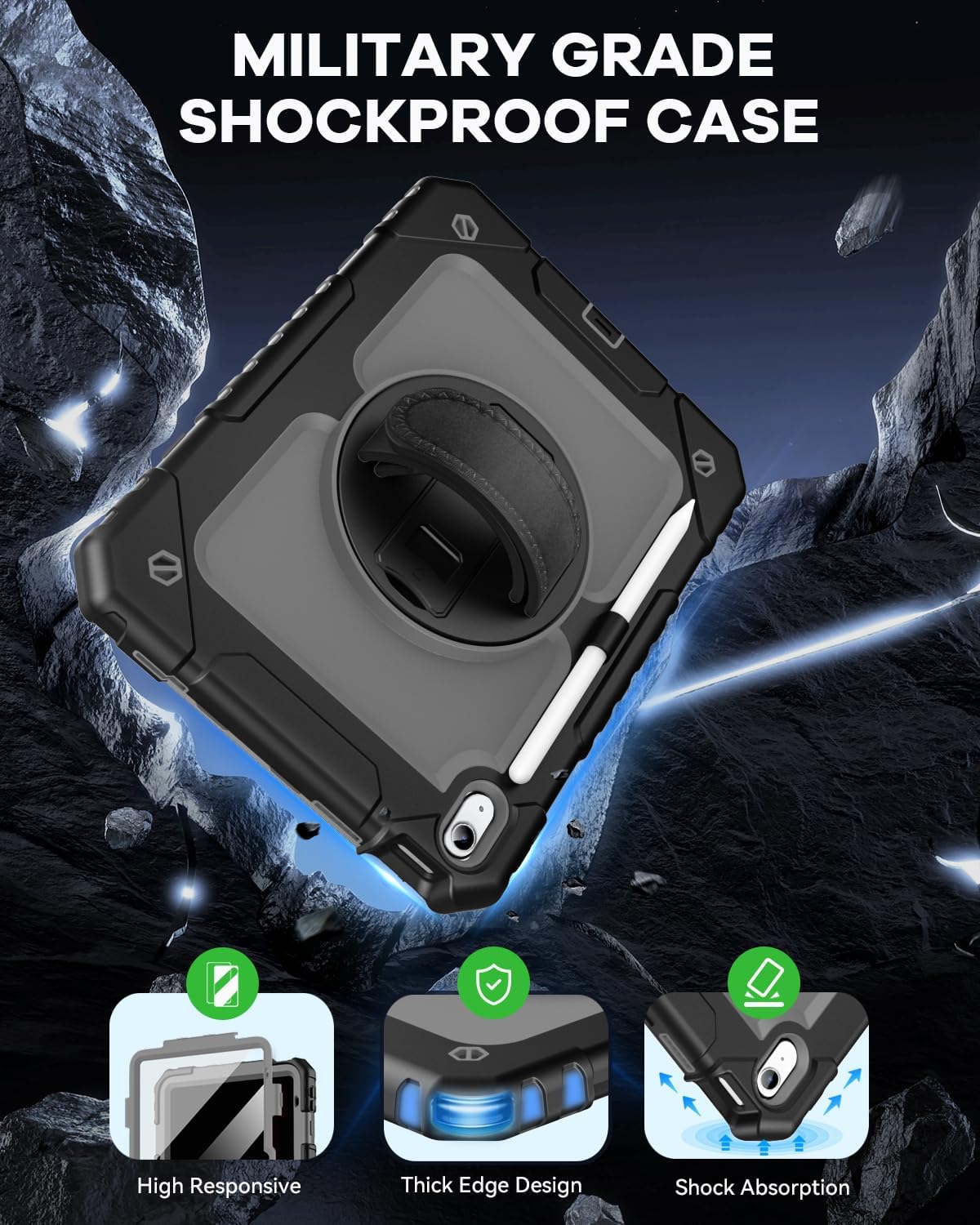 Cantis Case for iPad 11-inch (A16) 2025/ iPad 10th Generation 2022 (10.9 inch) with Screen Protector, iPad 11th Case with 360 Degree Rotating Stand/Shoulder Strap/Pencil Holder, Black+Grey