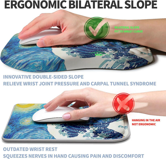 Ergonomic Raised Mouse Pad Wrist Support with Bilateral Slope Memory Foam Mousepad for Wrist Rest and Carpal Tunnel Pain Relief 11.8x7.9〃Starry Night Waves
