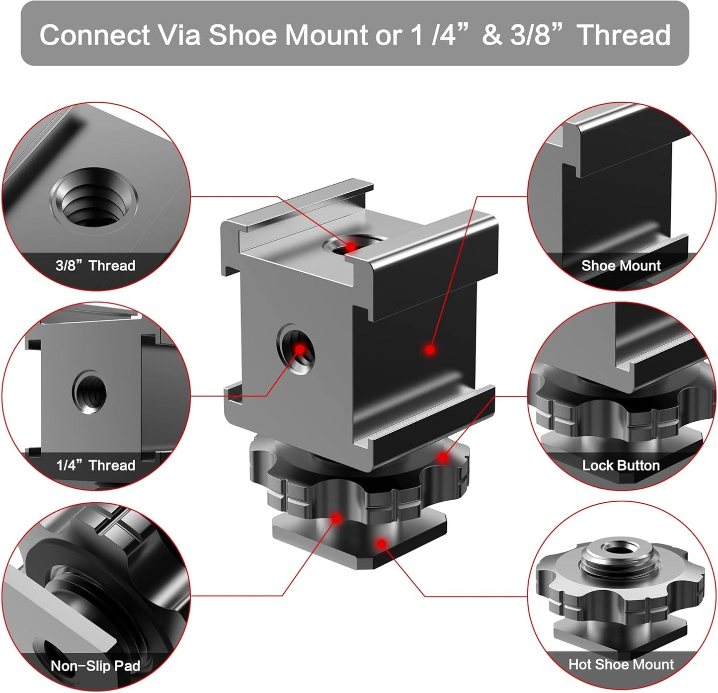 Triple Cold Shoe Mount Cold Shoe Adapter, 360 Degree Swivel Aluminum Camera Hot Shoe Extension Bracket with 3 Port Cold Shoe Mounts for Camera Cage Flash LED Light Monitor Microphone