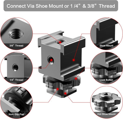 Triple Cold Shoe Mount Cold Shoe Adapter, 360 Degree Swivel Aluminum Camera Hot Shoe Extension Bracket with 3 Port Cold Shoe Mounts for Camera Cage Flash LED Light Monitor Microphone
