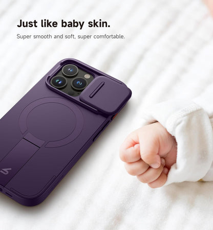 SURITCH for iPhone 15 Pro Case with Magnetic Camera Slide Cover and Adjustable Kickstand, Compatible with MagSafe, Shockproof Bumper Case Slim Protective Cover 6.1 Inch, Dark Purple