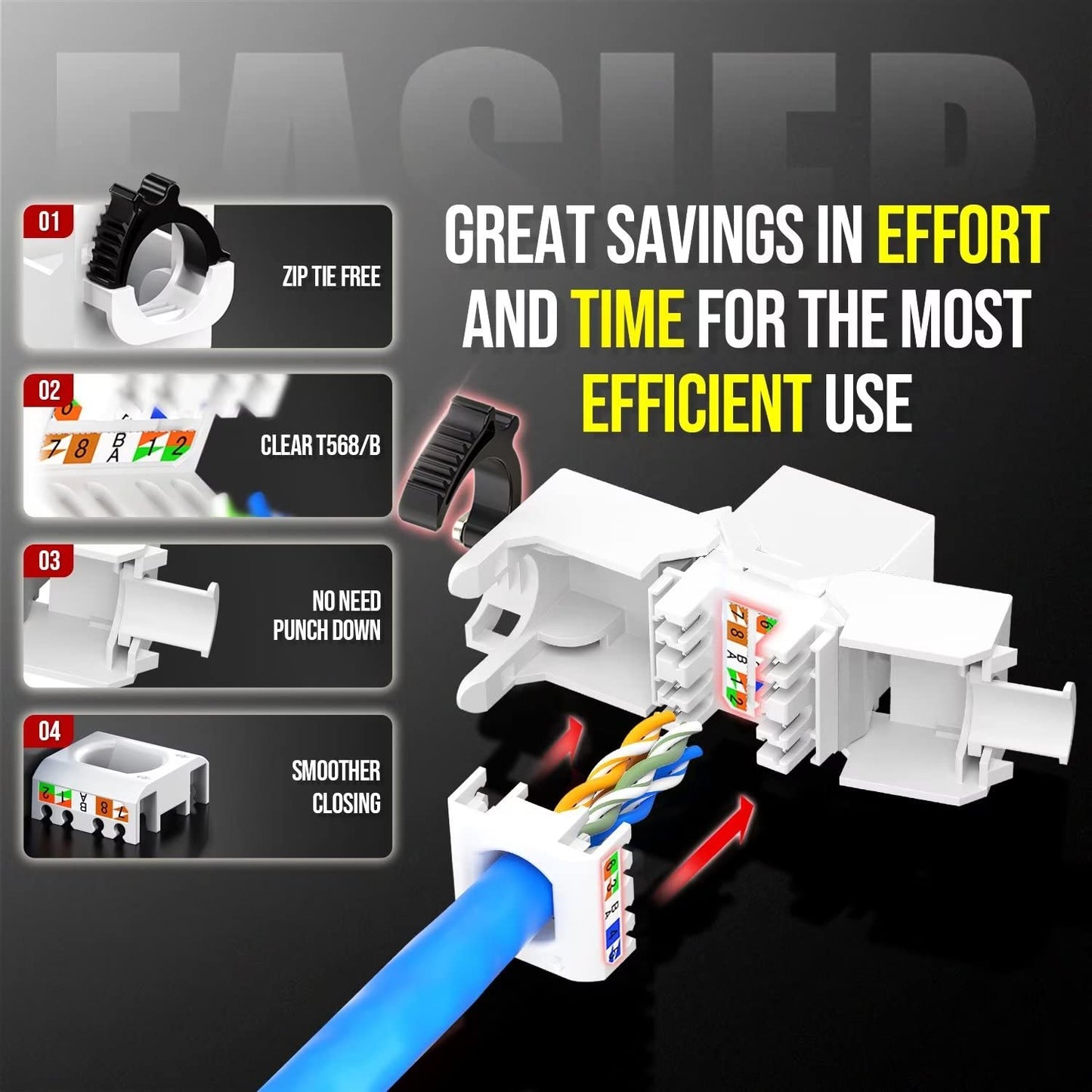 AMPCOM CAT6 RJ45 Keystone Jack - Reusable UTP Ethernet Wall Jack with Adjustable Ratchet Lock Design, No Tool and Zip Tie Required - 50u Gold Plated - White (6-Pack)