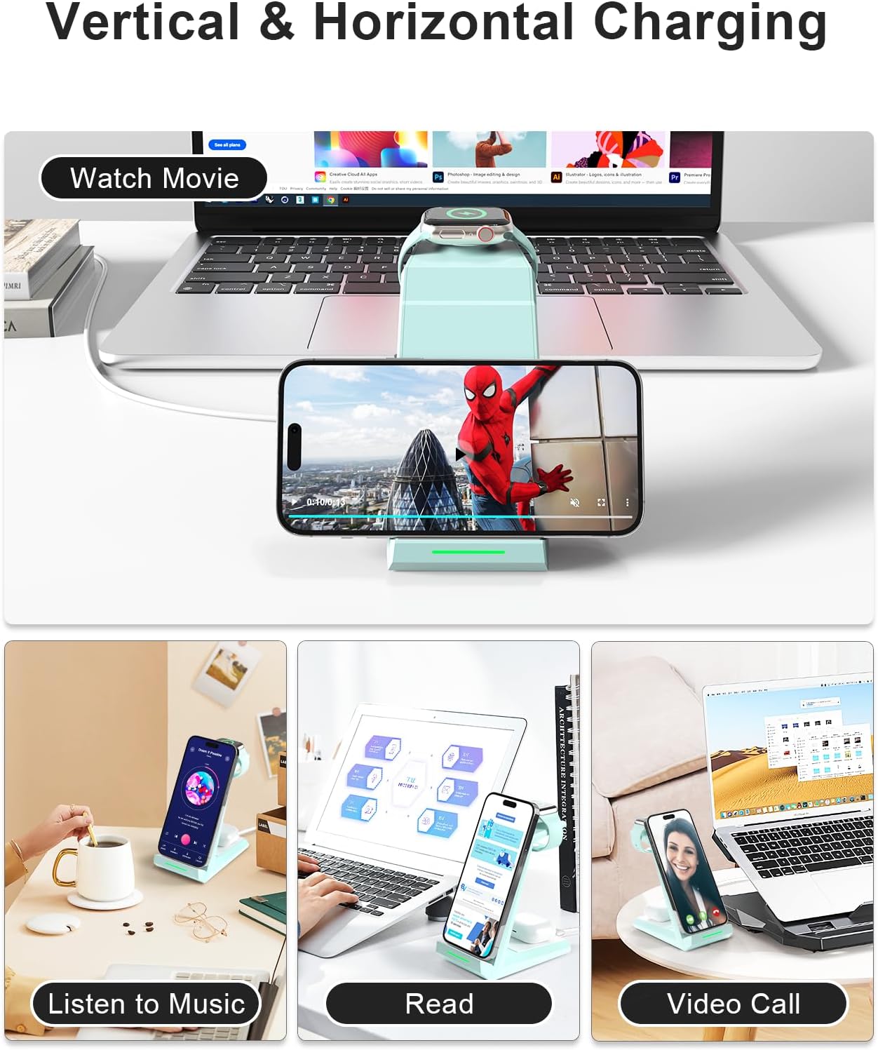 Wireless Charging Station for iPhone - ADADPU 3 in 1 Charger Stand for iPhone 16 15 14 13 12 11 Pro Max XR XS 8 Plus, Wireless Charging Dock for Apple Watch 9/8/7/SE/6/5/4/3/2, AirPods Pro/3/2 (Green)