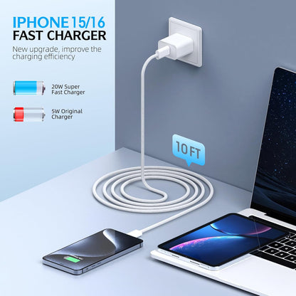 Fast Charging iPhone 16 Pro Charger,2-Pack 10 FT Long USB C Charger Woven Cable with 20W USBC Fast Charger for iPhone 16e/16 Pro/16 Pro max/16 Plus/16/iPhone 15/15 Pro/15 Pro Max/15 Plus,iPad Pro