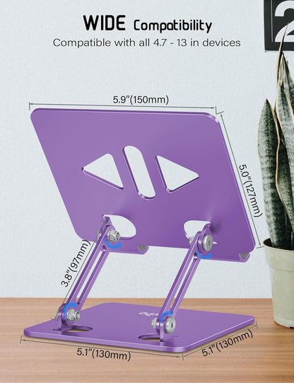 Tablet Stand Holder for Desk, Adjustable Desktop Tablet Holder, Foldable Aluminum Tablet Mount for iPad pro 12.9, iPad Air Mini, Samsung Galaxy Tabs Z Fold Kindle Fire 4-12 inch Purple