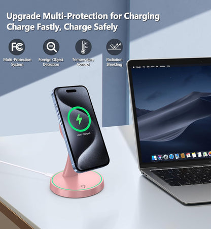 Magnetic Wireless Charger Stand 15W Fast Mag-Safe Charger for iPhone 16/16 Pro/16 Plus/16 Pro Max/15/14/13/12 Series Magnet Wireless Charging Station/Pad with Sleep-Friendly Light for AirPods