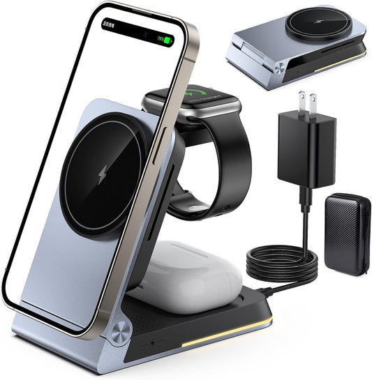 Aluminum 3 in 1 Wireless Charging Station,Foldable Wireless Charger for Apple Magsafe with Light,Portable Travel Magnetic Charger Stand for iPhone 16/15/14,Watch,Airpod, Include PD 20W Adapter & Case