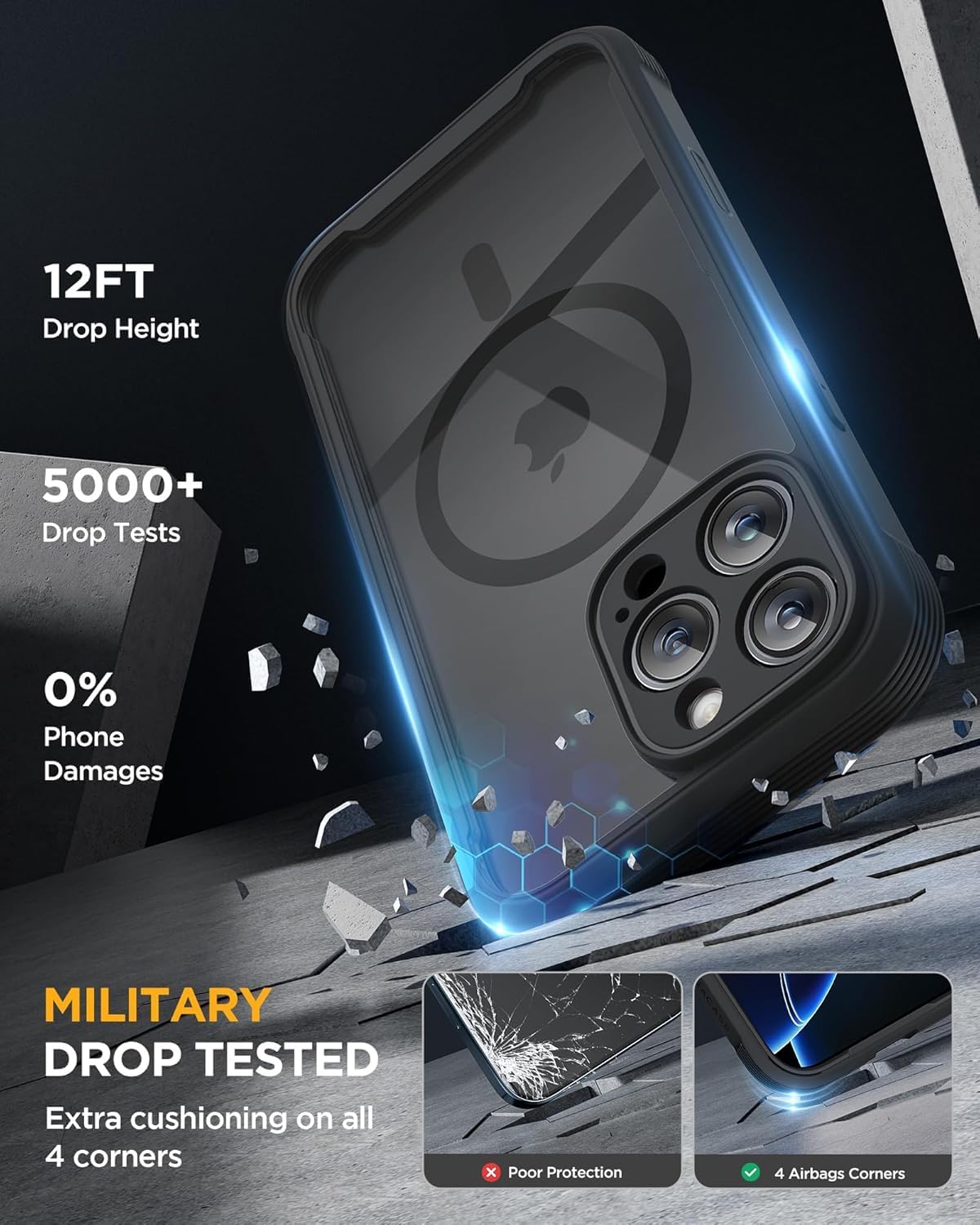 Miracase Magnetic for iPhone 16 Pro Case Full-Body Phone with Built-in Glass Screen Protector, [Compatible with MagSafe] Military Drop Proof 16 Pro Cover Bumper 6.3 inch, Black