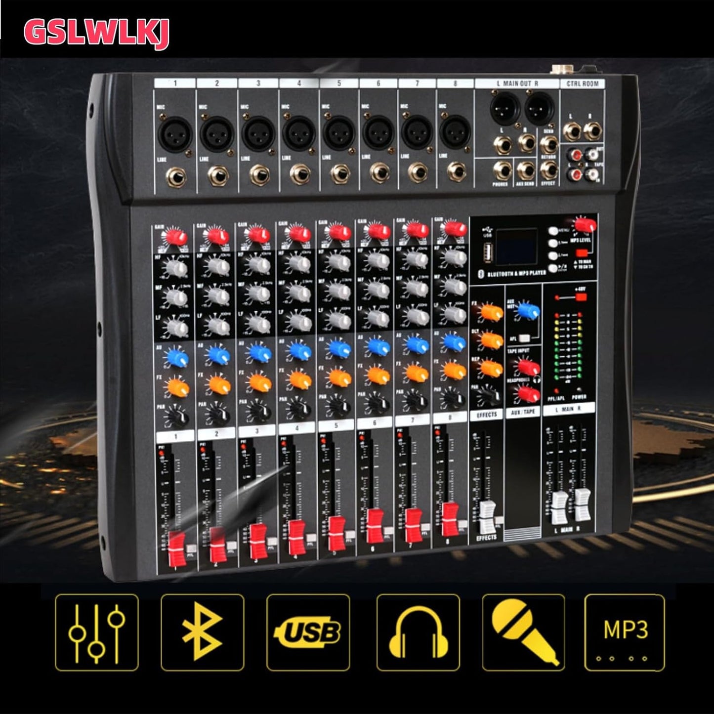 8 Channel Professional Digital Mixer Sound Board Console Bluetooth Live Studio Audio Mixer Power Mixing USB (110V-220V)