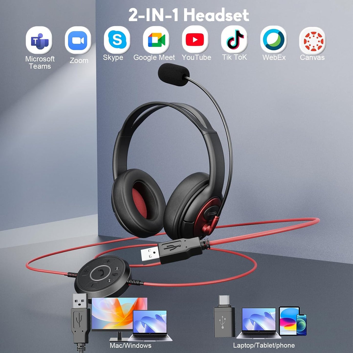MAIRDI USB Headset with Microphone, Wired PC Headset, USB-A & USB-C Computer Headset with Mic Noise Canceling for Laptop Teams Office Work CallCenter Business Dragon Naturelly Speaking