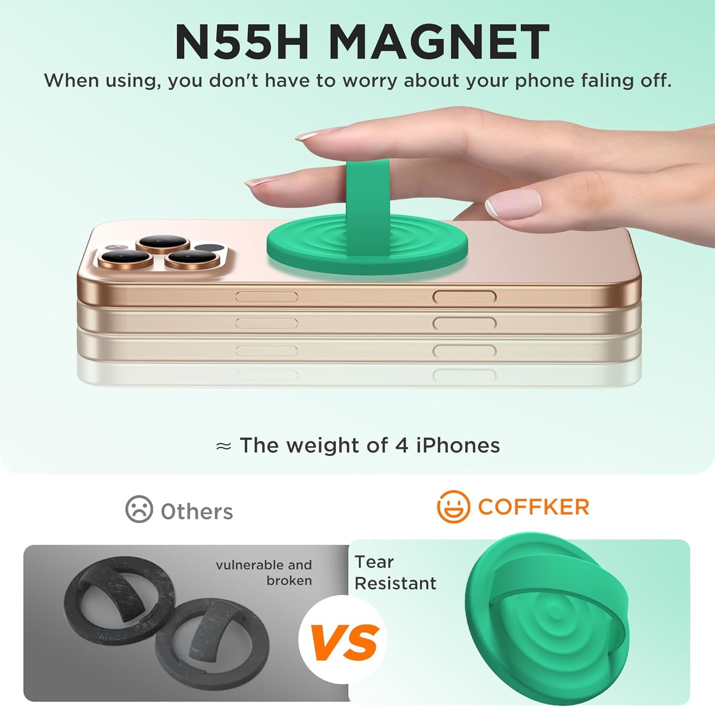 Magnetic Phone Ring Grip Holder, Silicone Finger Loop Grip, Compatible with MasSafe, Back of Phone for iPhone Pro Max/Plus/16/15/15/14/13/12 Series, Emerald Green