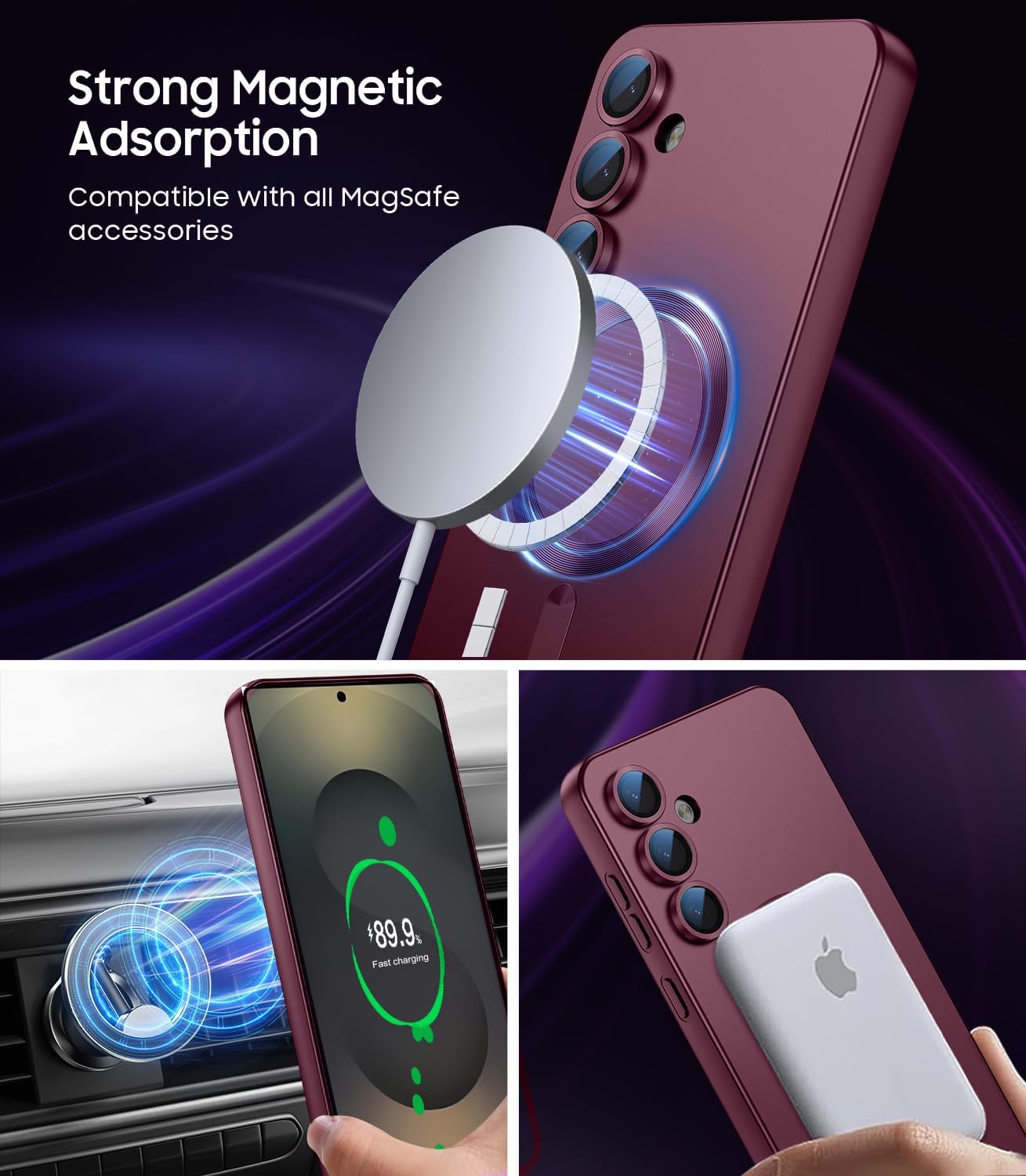 Magnetic for Samsung Galaxy S25 Plus Case [Compatible with MagSafe][Built-in Camera Lens Protector] Slim Soft Silicone Bumper Shockproof Metallic Luster Phone Shell (Burgundy)