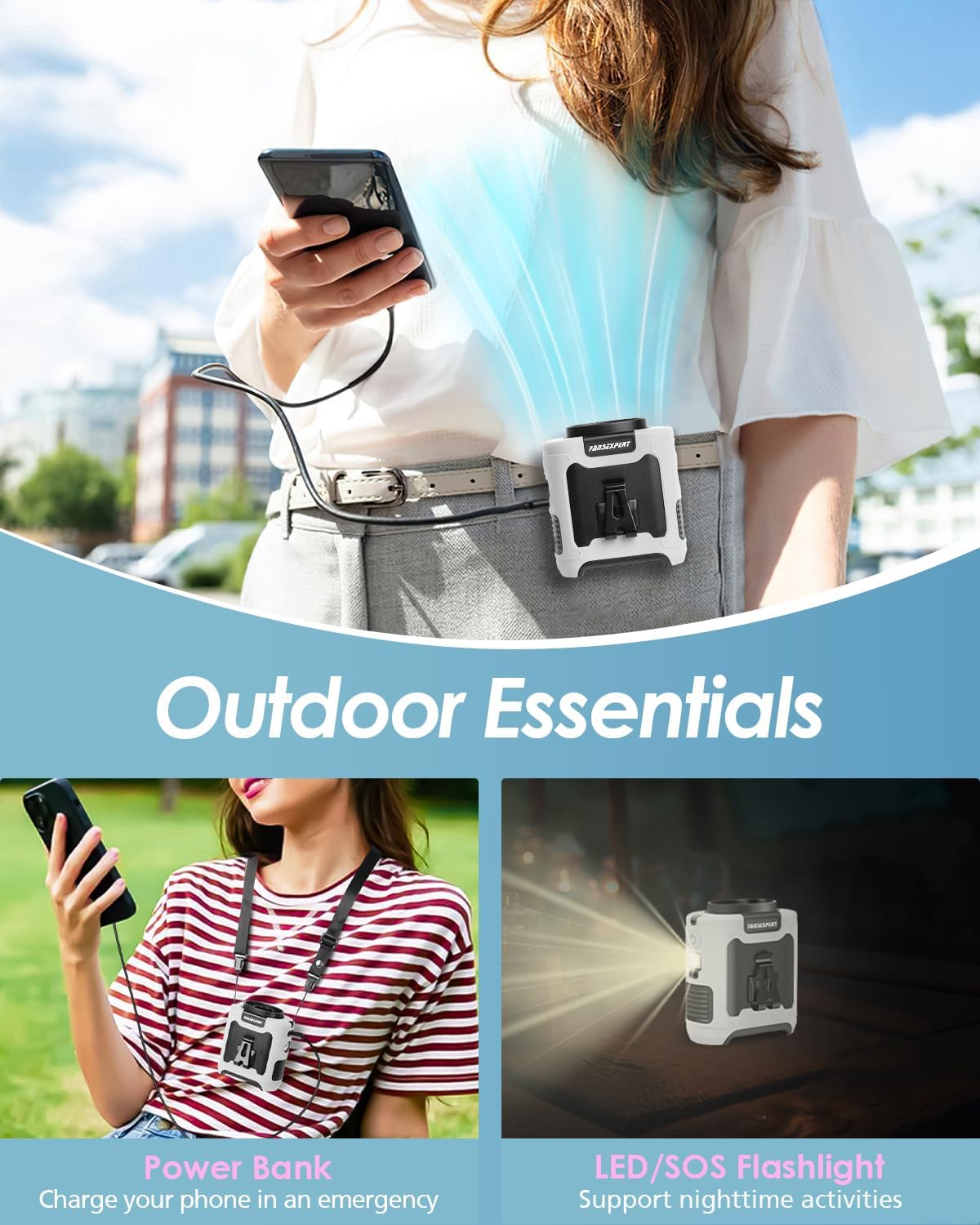 Portable Waist Fan Clip on, Personal Wearable Belt Fan 10000mAh Rechargeable Battery Under Shirt,5 Speeds with light, Neck Fan Hands-Free Cooling For Outdoor Camping Travel (White)