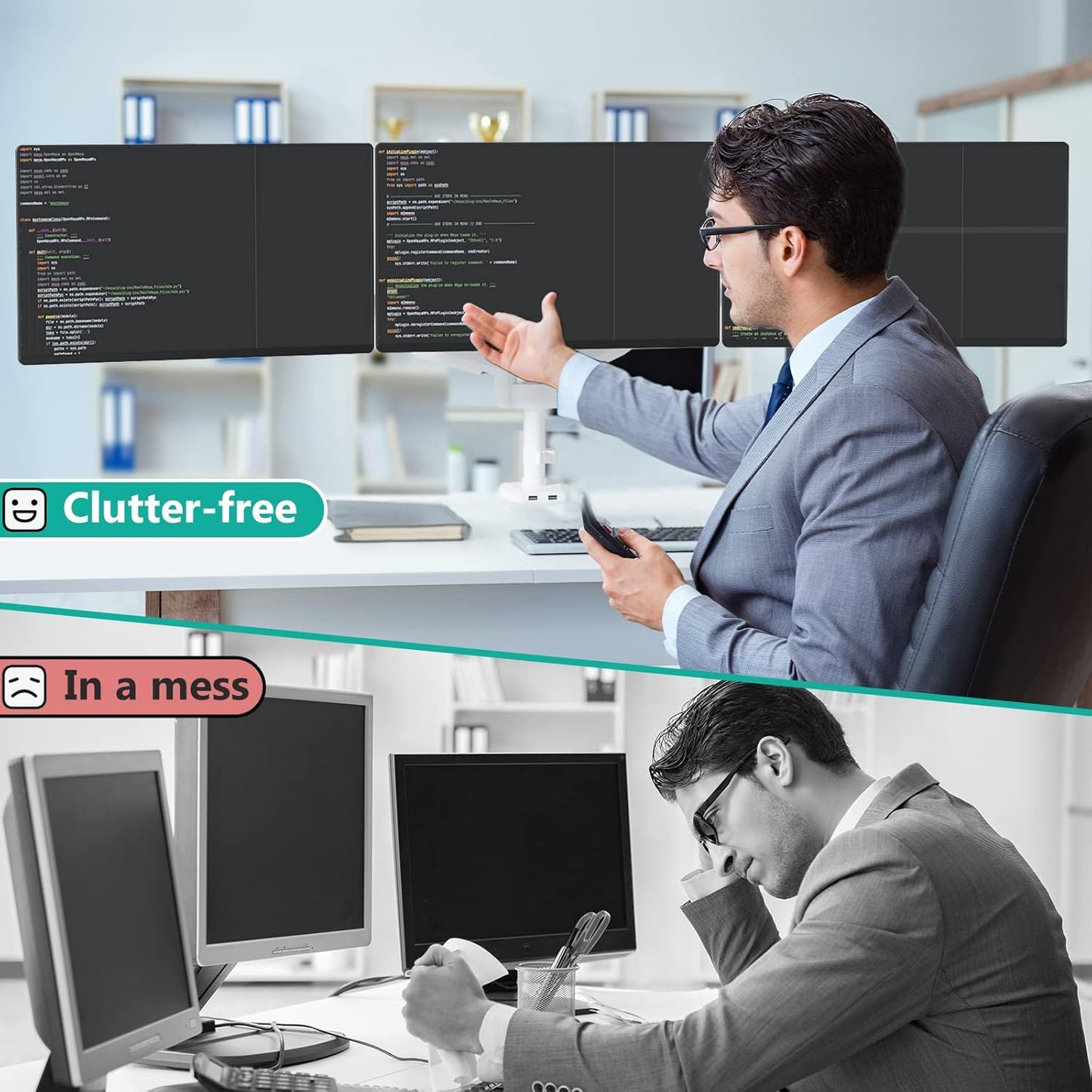 WALI White Triple Monitor Mount, 3 Monitor Desk Mount for Multi Screens from 13 to 27inch with Gas Spring Arm, Fully Adjustment Arm with Tilt, Swivel, Rotate VESA Mount 75x75,100x100mm(GSDM003W-U)