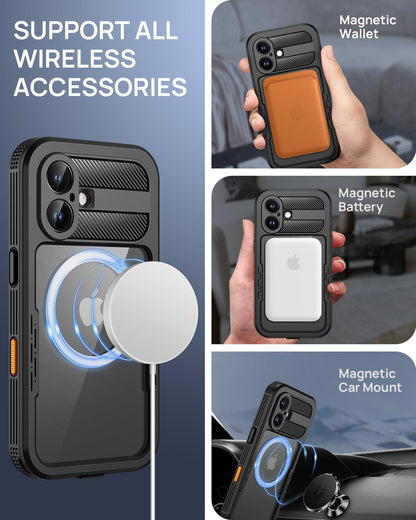 Lanhiem Magnetic for iPhone 16 Case, IP68 Waterproof Dustproof Case, [Compatible with Magsafe] [Built-in Screen Protector] Full Body Heavy Duty Rugged Phone Cover 6.1 inch, Black/Clear