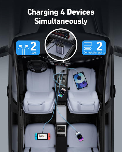 iPhone Car Charger 4 in 1 Fast USB Car Phone Charger 20W Double Lightning Retractable Cables 31.5 Inch and 2 USB Ports Car Charger Adapter for iPhone 14/13/12 Pro Max/XR/XS,Samsung,Pixel,iPad