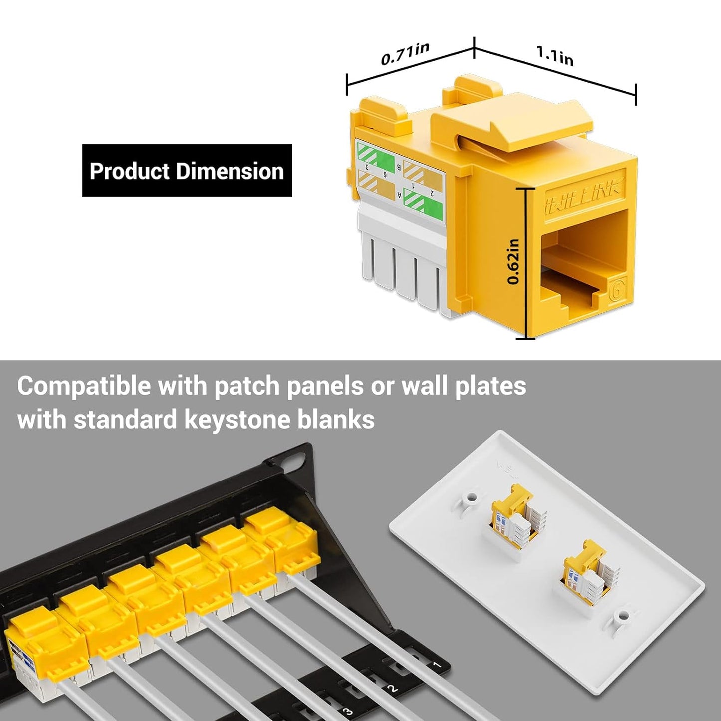 iwillink 10Gbps Cat6 Keystone Jack 10-Pack, RJ45, 90-Degree Ethernet Coupler, Punch Down Adapter (Yellow)