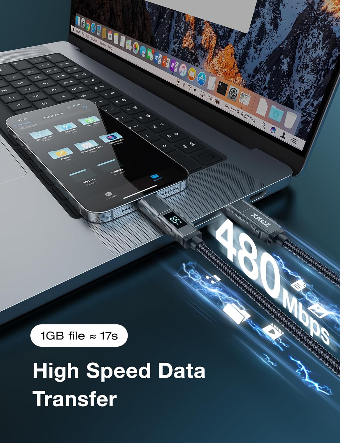 4 in 1 USB C Cable with Wattage Display, 65W Round Nylon Braided Multi Charging Cable with Data Sync, USB C Charging Cord Combo Type C/USB A/iPhone Port for iPhone/iPad/Samsung/Laptop, 5FT