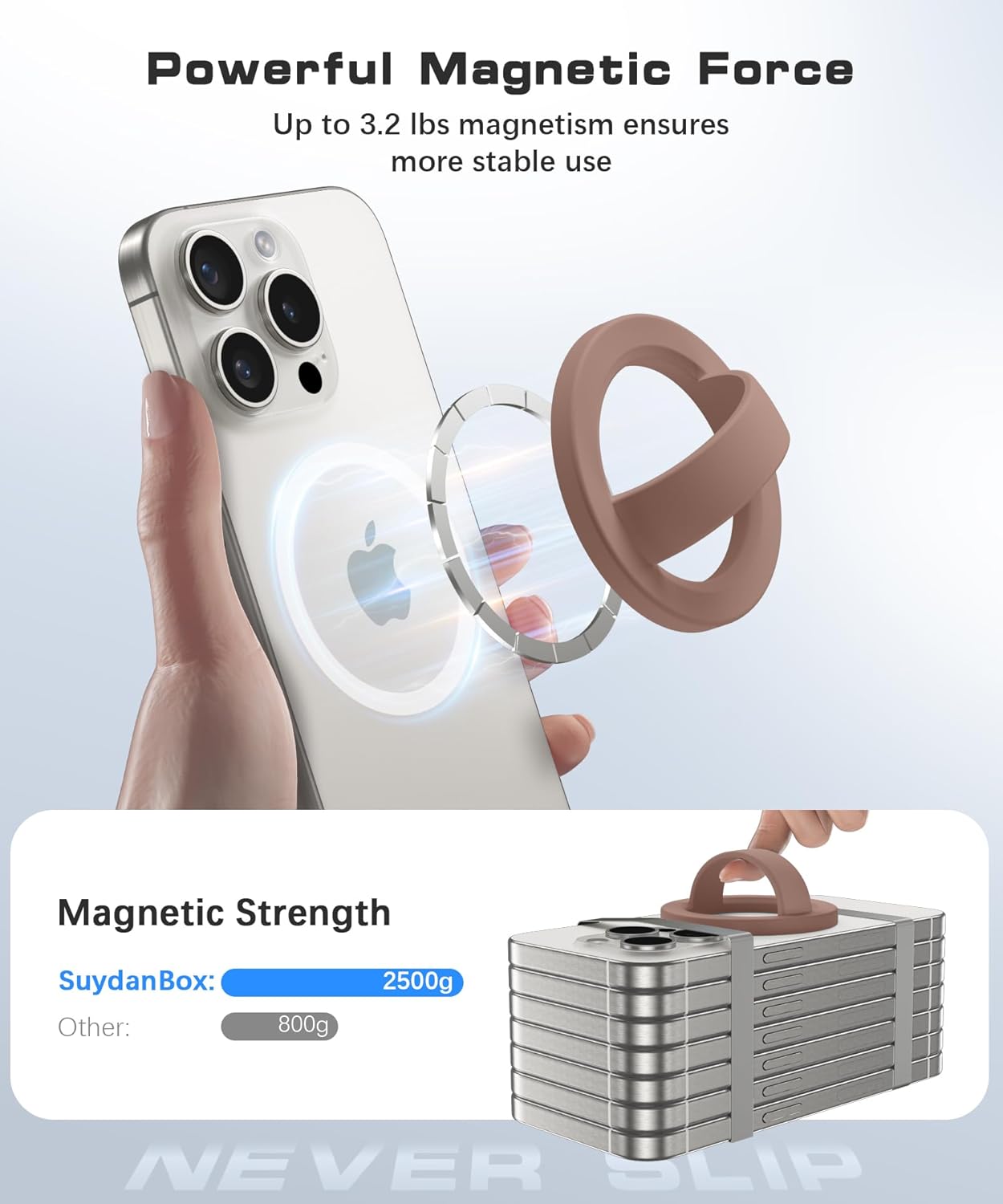 Magnetic Phone Grip, Removable Loop Grip with Soft Finger Strap, Silicone Phone Ring Holder for Back of Phone for iPhone 16/15/14/13/12 Pro Max/Plus, Brown