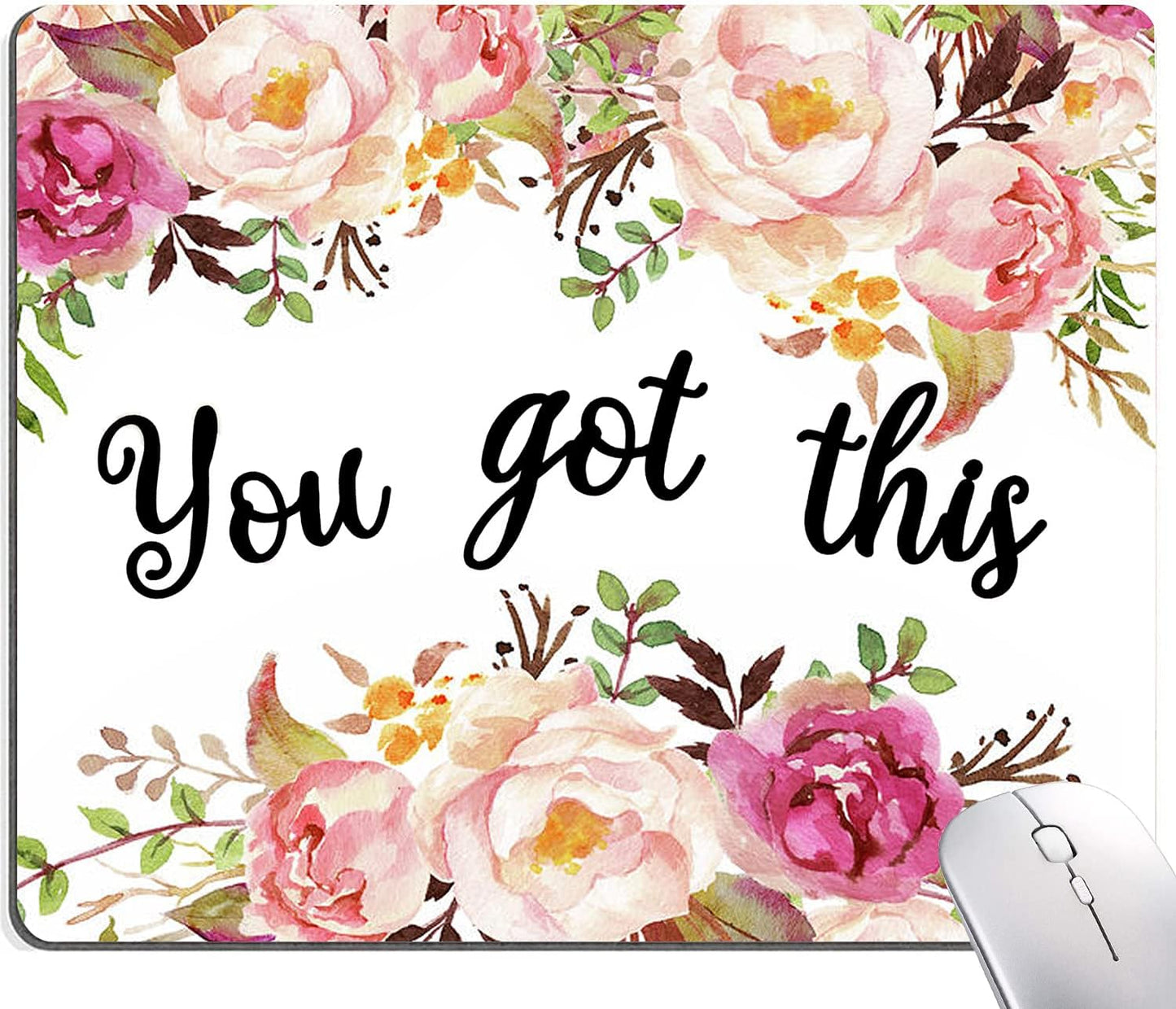 Hokafenle Mouse Pad Motivational, Cute Floral Mouse Pad with Inspirational Quote, You Got This Mousepad Design, Mouse Mat Square Waterproof Non-Slip Rubber Base Mouse Pads for Office Home Laptop