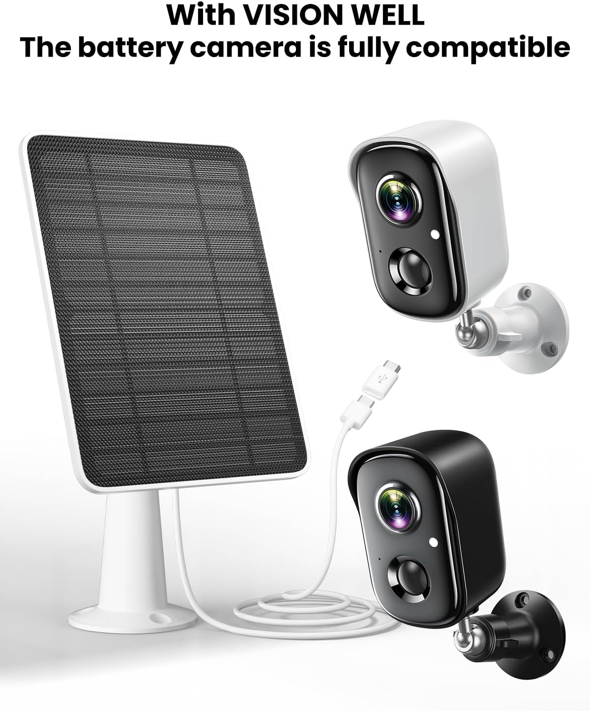 Solar Panel Charger Compatible with Vision Well Battery Powered Wireless Outdoor Security Cameras, 5W Solar Panels Charging with IP65 Waterproof 10ft USB-C Cable & Secure Wall Mount, 2 Pack