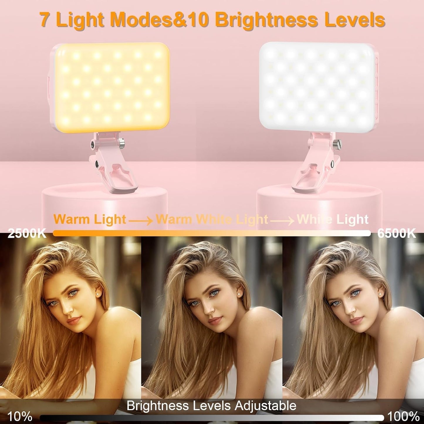 Hagibis LED Camera Light Video Lights Portable Photography Lighting 60 LED 2200mAh Rechargeable Selfie Light 7 Modes, 10-Level Brightness, Portable Clip on Light for Phone/Tablet/Laptop, Pink