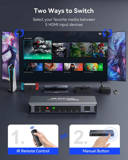 HDMI Switch 5 in 1 Out 4K@60Hz, GANA HDMI Splitter Switcher with Remote, Aluminum HDMI 2.0 Switch Box Hub for 3D, HDCP2.2, HDR, Compatible with Xbox, PS5/4/3,Fire Stick,Roku,Blu-Ray Player