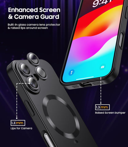 Magnetic for iPhone 16 Case [Compatible with MagSafe][Built-in Camera Lens Protector] Slim Soft Silicone Bumper Shockproof Metallic Luster Phone Case (Black)