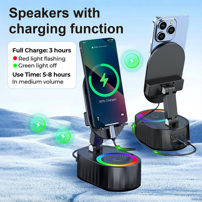 Wireless Induction Audio Bluetooth Speaker 5in1 Phone Holder Emergency Rechargeable (3000mAh) with Colorful Ambient Light 300° Foldable for Tablet iPhone Android, Gifts for Men Women (Black)