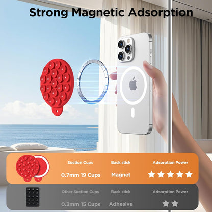 Magnetic Suction Cup Phone Mount for MagSafe Case, Silicone Hands-Free Phone Grip Holder for iPhone and Android, Mirror Shower Phone Stand for Makeup FaceTime Gym Kitchen Bathroom, Red