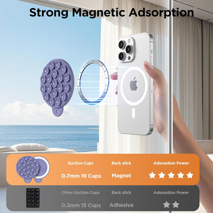 Magnetic Suction Cup Phone Mount for MagSafe Case, Silicone Hands-Free Grip Holder for iPhone and Android, Mirror Shower Phone Stand for Makeup FaceTime Gym Kitchen Bathroom, Lavender