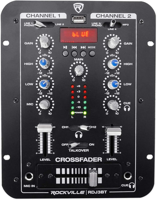 Rockville RDJ3BT 2 Channel DJ Mixer with USB, Bluetooth, Talkover, 4 Line Inputs
