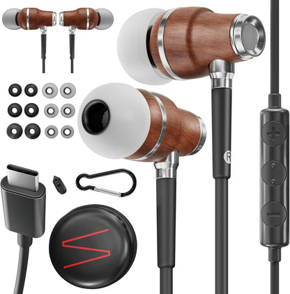 Symphonized Premium Wooden iPhone Earphones Wired (USB C) Deep Bass Sound, 3D Sound, Microphone Volume Control, 90% Noise Cancelling for Type C Devices. Earphones for iPhone 15 to 16 & Android