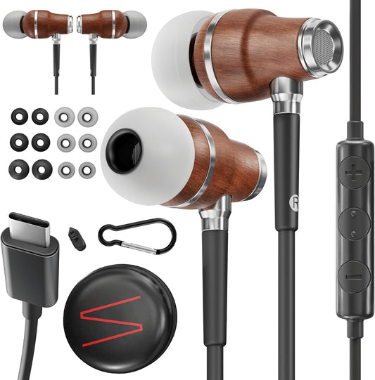 Symphonized Premium Wooden iPhone Earphones Wired (USB C) Deep Bass Sound, 3D Sound, Microphone Volume Control, 90% Noise Cancelling for Type C Devices. Earphones for iPhone 15 to 16 & Android