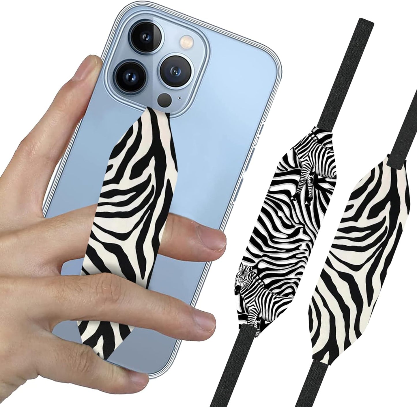 Phone Grip Strap - Pack of 2 Reversible Finger Holder for Phone Back, Customizable Anti-Slip Design, Wireless Charging Compatible Detachable Holder for iPhone - Zebra Patterns