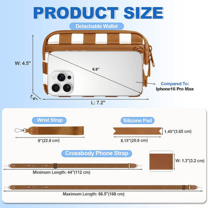 Clip and Go Strap for Phone with Wallet Crossbody, Adjustable Phone Lanyard with Detachable RFID Wristlet Wallet, Phone Strap with Phone Tabs for All Phones, Bronze Checkered (L)