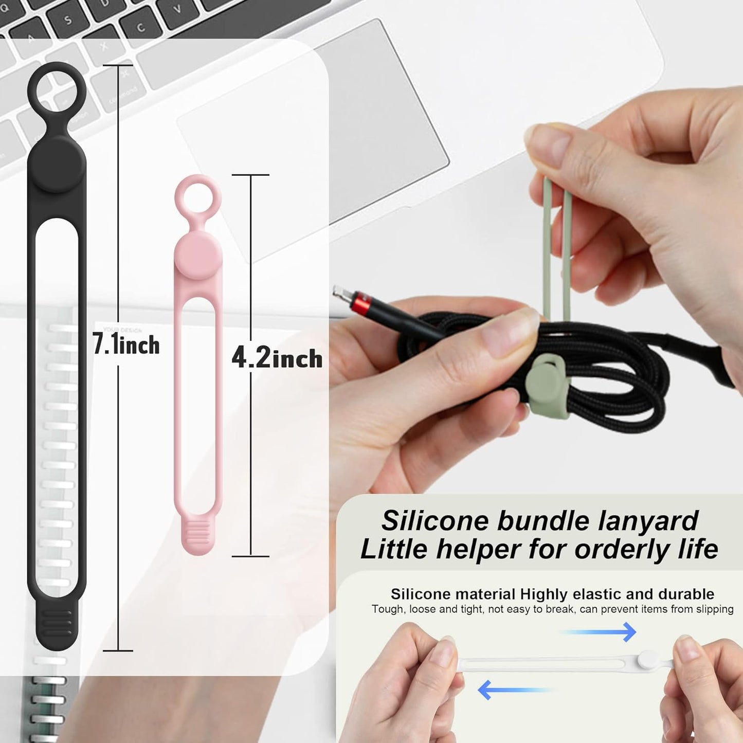 Nearockle Silicone Cable Ties Cord Organizer for Cable Management, 24PCS 4.2" and 7.1" Reusable Cable Organizer Electronic Accessories for Home, Office, Kitchen, School, Travel (4 Colors)