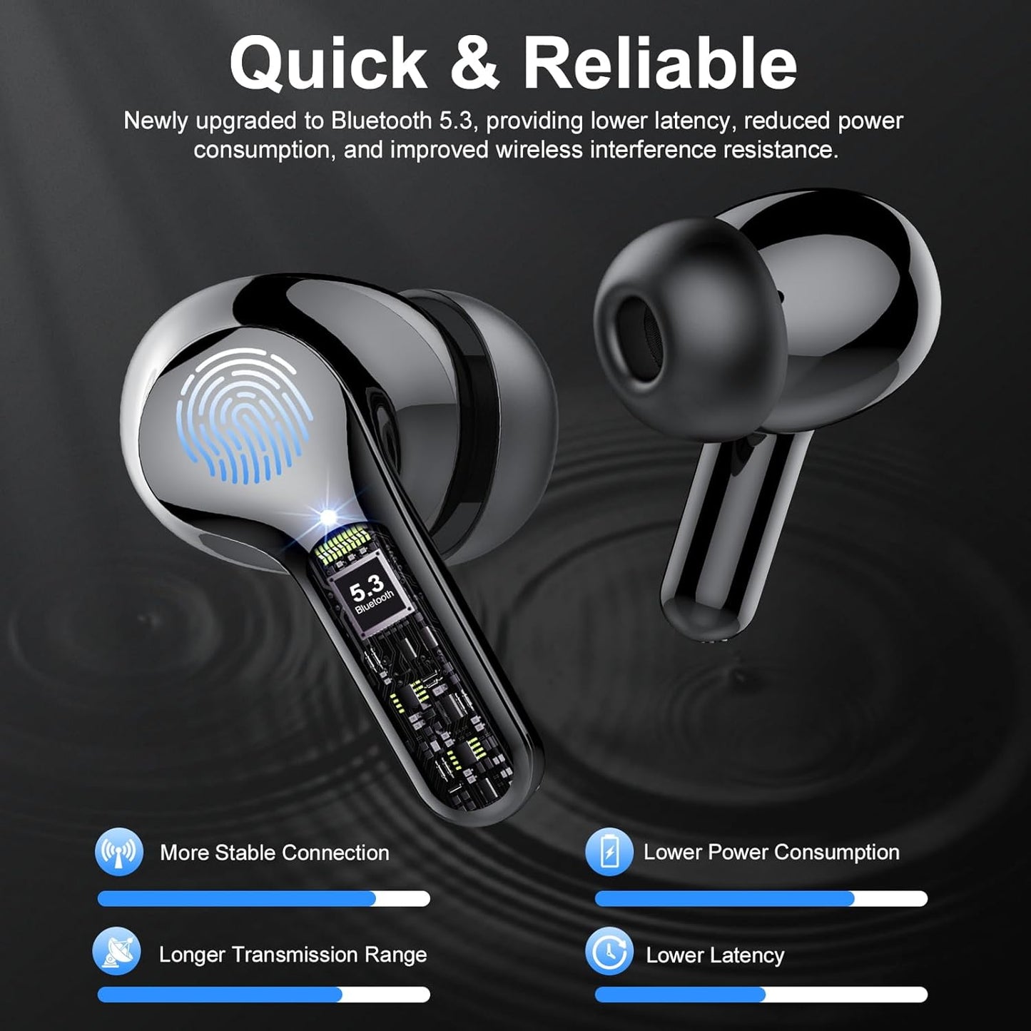 Wireless Earbuds, Bluetooth 5.4 Headphones HiFi Stereo, Bluetooth Earbuds with ENC Noise Cancelling Mic, IP7 Waterproof in Ear Earphones, 48H, LED Display Ear Buds for Pad Workout Sports, Black
