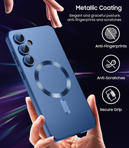 Magnetic for Samsung Galaxy S25 Plus Case [Compatible with MagSafe][Built-in Camera Lens Protector] Slim Soft Silicone Bumper Shockproof Metallic Luster Phone Shell (Blue)