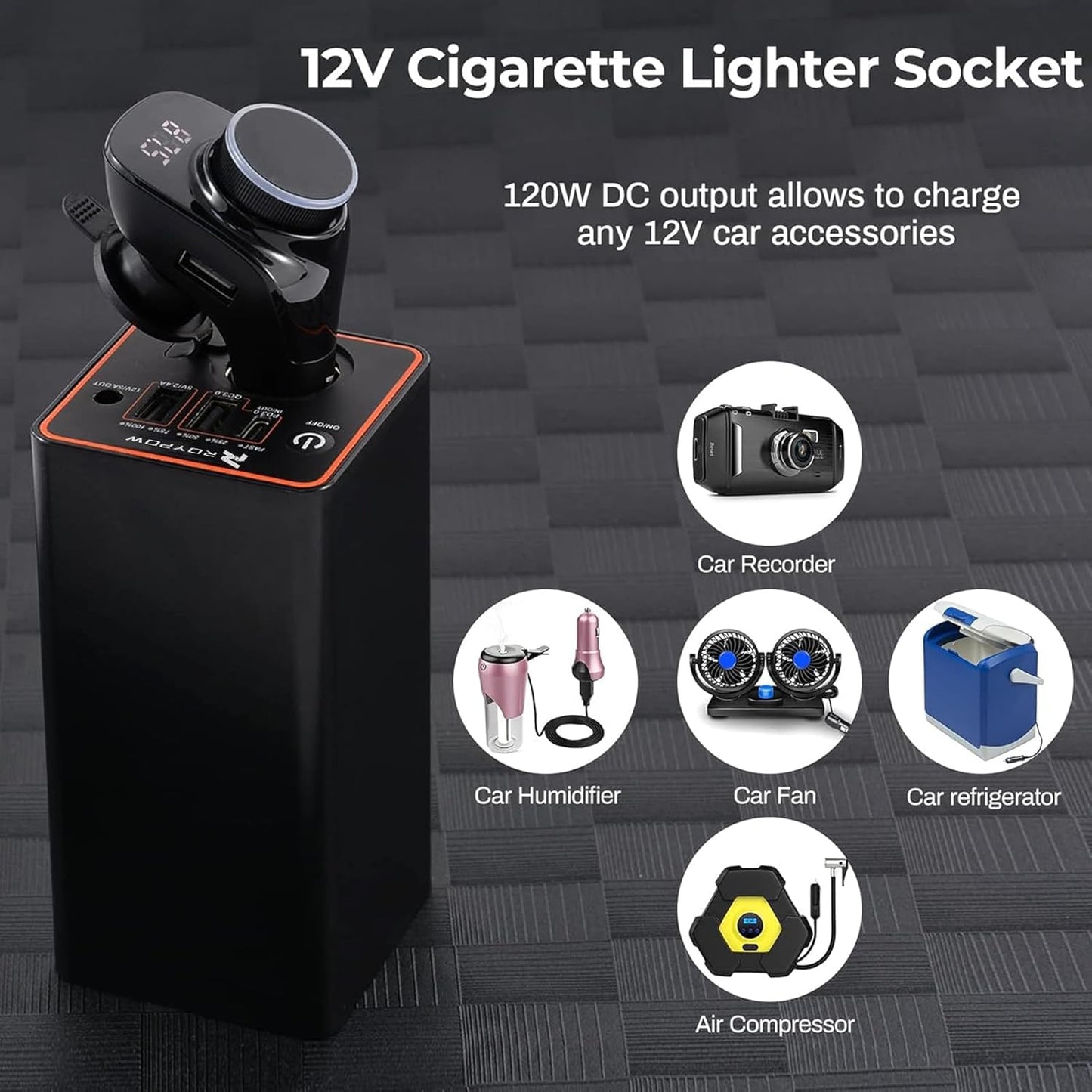 RoyPow 30W PD Portable Charger with 12V/10A Cigarette Lighter Socket, 86.58Wh USB C Laptop Power Bank, 18W QC& 12V DC External Battery Pack, Perfect for MacBook Air iPad Phone Dash Cam or Camping