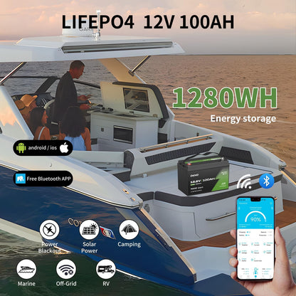OKMO 12V 100Ah TM LiFePO4 Battery, Lithium Battery 150A BMS with Bluetooth, 10 Years Lifetime 15000+ Deep Cycles,for Marine, RV, Trolling Motor, Boat, Camper, Low Temperature Protection
